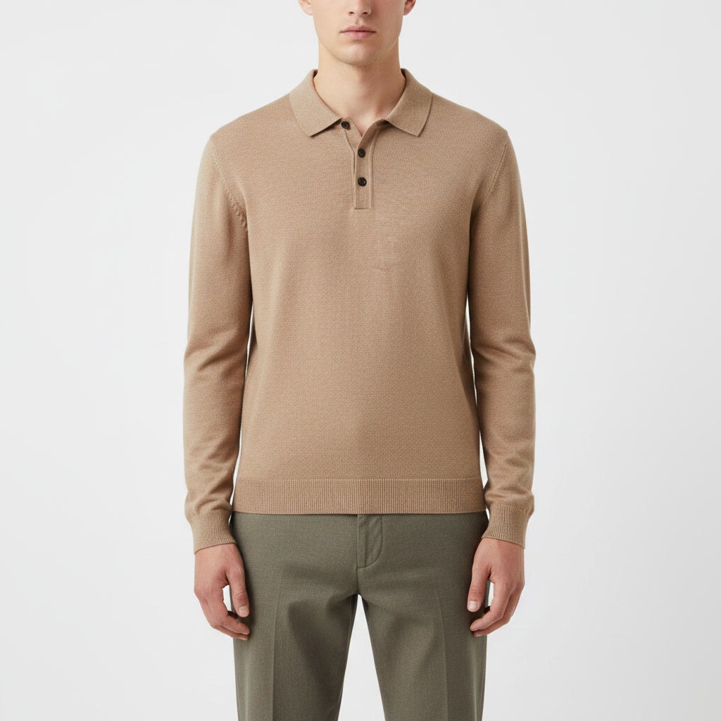 Long Sleeve Polo Sweater — Beige