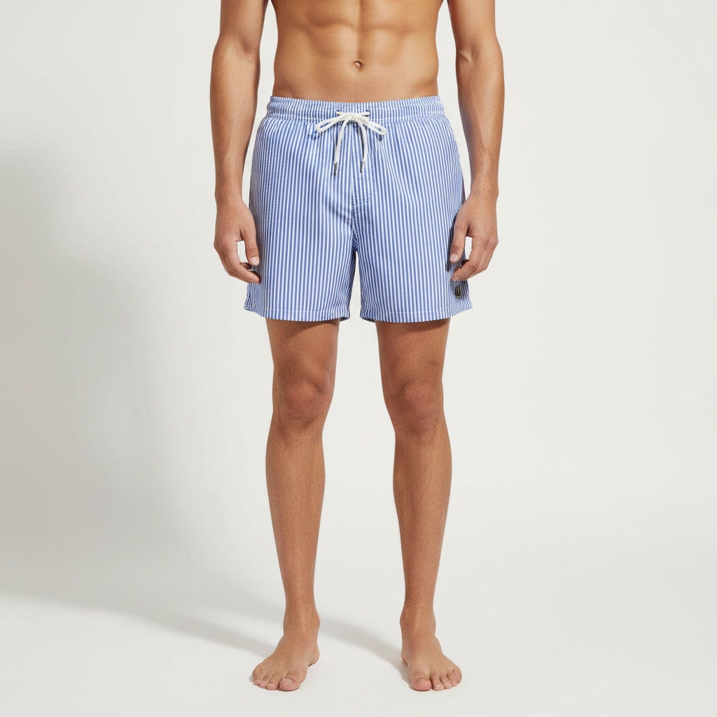 Striped Swim Shorts — Dark Blue / White