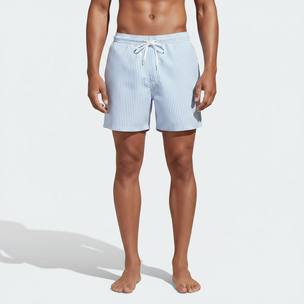 Striped Swim Shorts — Light Blue / White